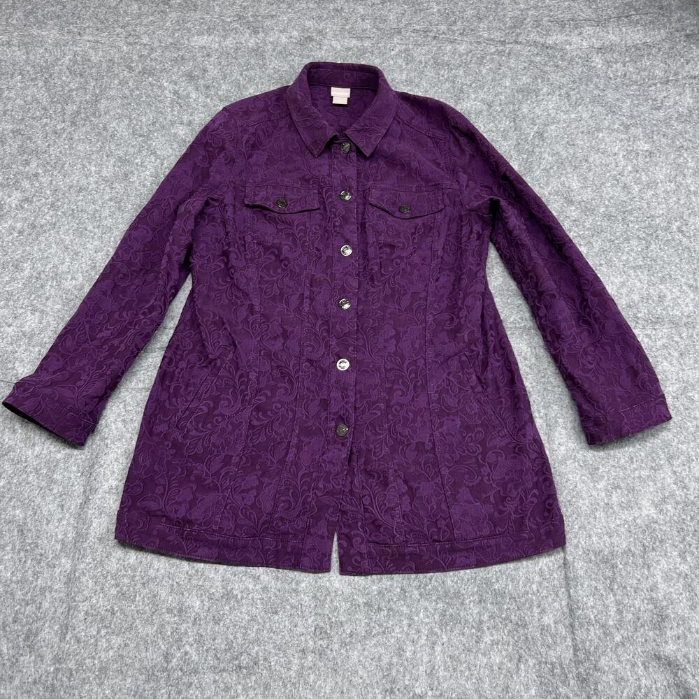 Chicos Jacket Womens 12 14 Purple Floral Jacquard Button Front Longline Twill 2